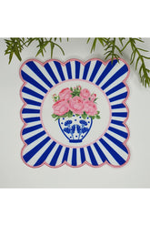 Decorative Edge Blue Vase and Pink Rose Patterned Embroidered Edge Fabric Cocktail Napkin 1 Piece